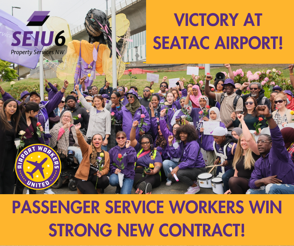 Passenger service workers at SeaTac Airport celebrate their fight for a new contract